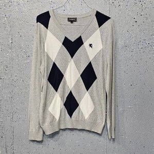 Express Mens Argyle Thin Soft 100% Cotton Long Sleeve V Neck Sweater Large L